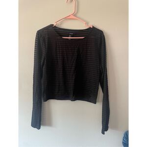 Forever 21 Medium Womens Long Sleeve Cropped Black Striped Sheer Top